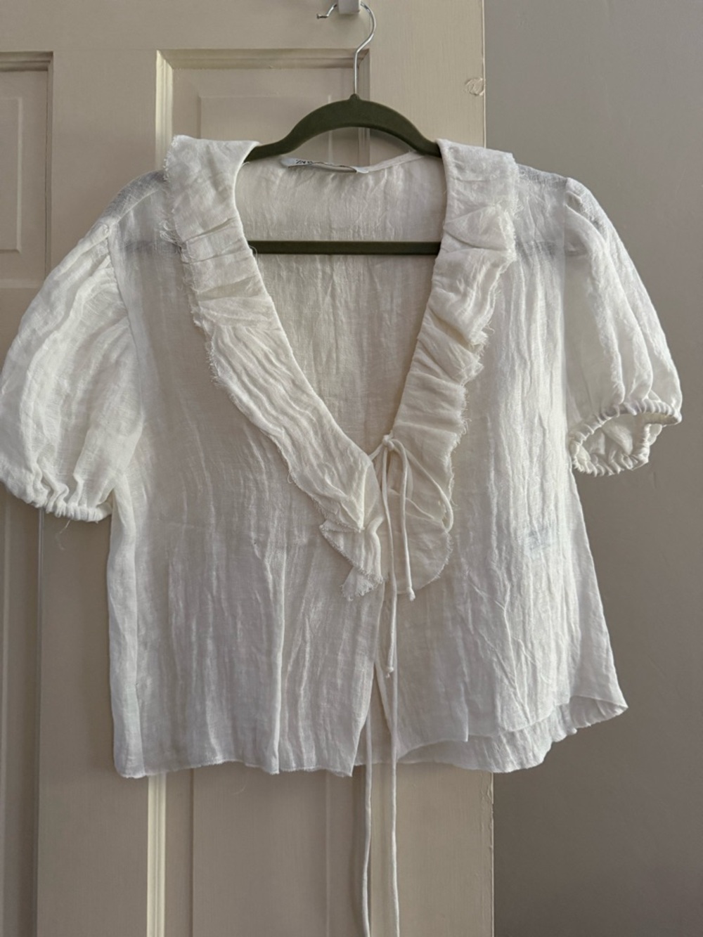 Zara White Ruffled Tie-Front Linen Top